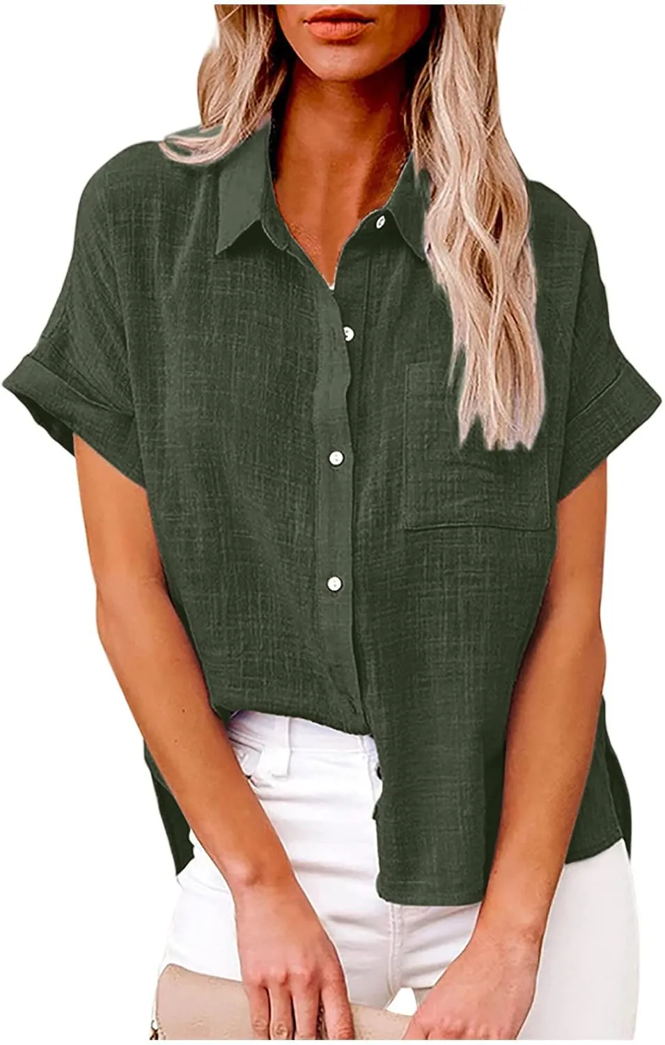 Wkishenl Womens Button Down Shirts Plus Size Cotton Linen Tops Loose Casual V Neck Blouse Summer Trendy T-Shirts with Pockets