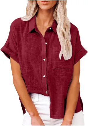 Wkishenl Womens Button Down Shirts Plus Size Cotton Linen Tops Loose Casual V Neck Blouse Summer Trendy T-Shirts with Pockets
