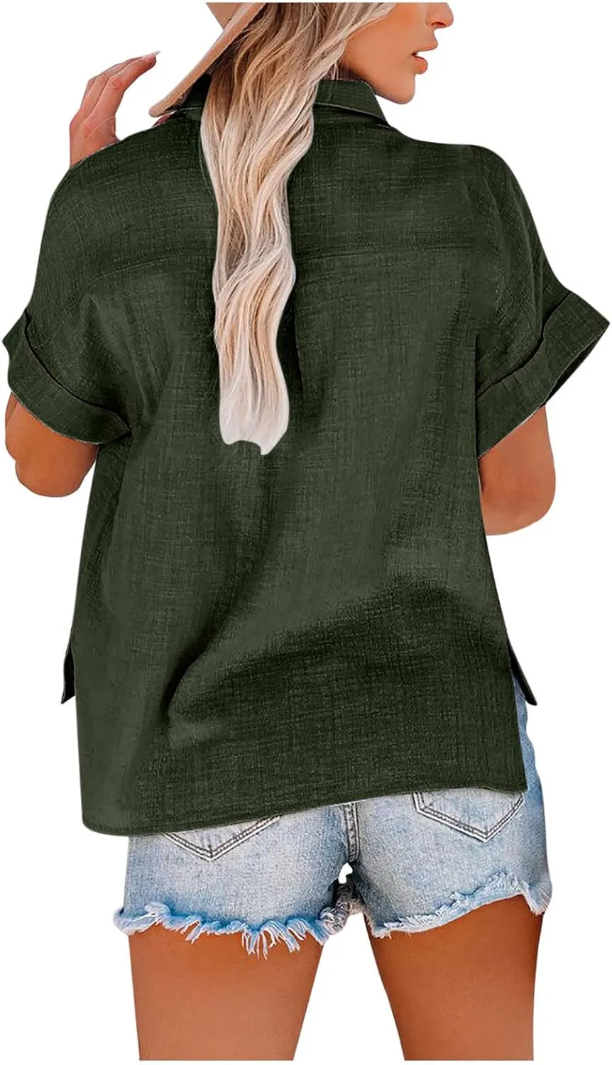 Wkishenl Womens Button Down Shirts Plus Size Cotton Linen Tops Loose Casual V Neck Blouse Summer Trendy T-Shirts with Pockets
