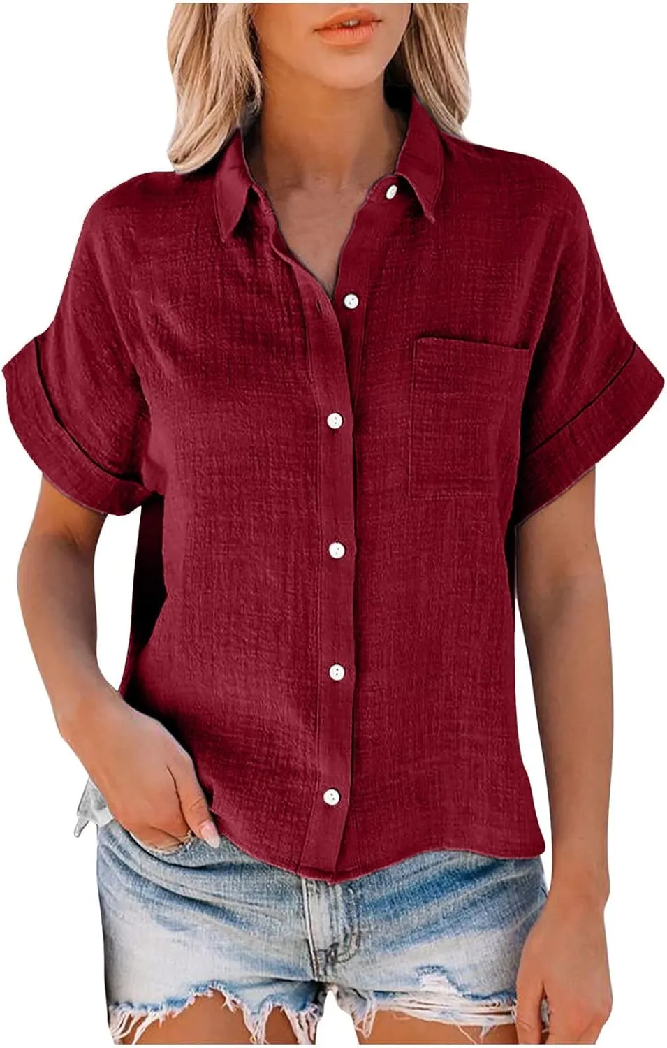 Wkishenl Womens Button Down Shirts Plus Size Cotton Linen Tops Loose Casual V Neck Blouse Summer Trendy T-Shirts with Pockets