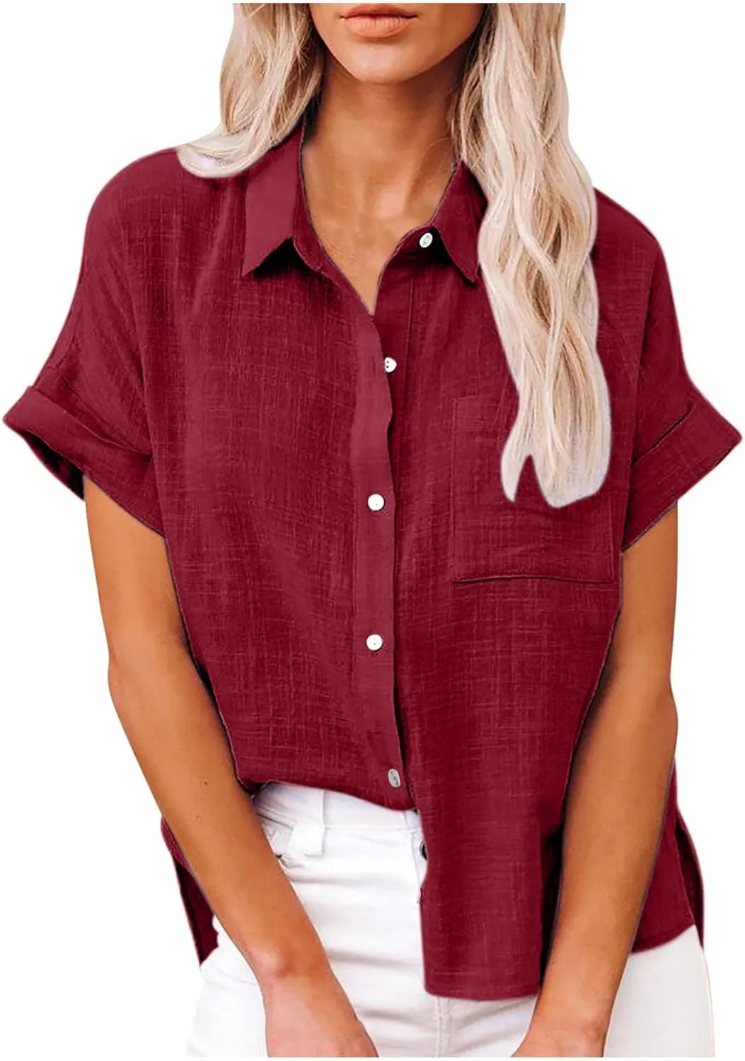 Wkishenl Womens Button Down Shirts Plus Size Cotton Linen Tops Loose Casual V Neck Blouse Summer Trendy T-Shirts with Pockets