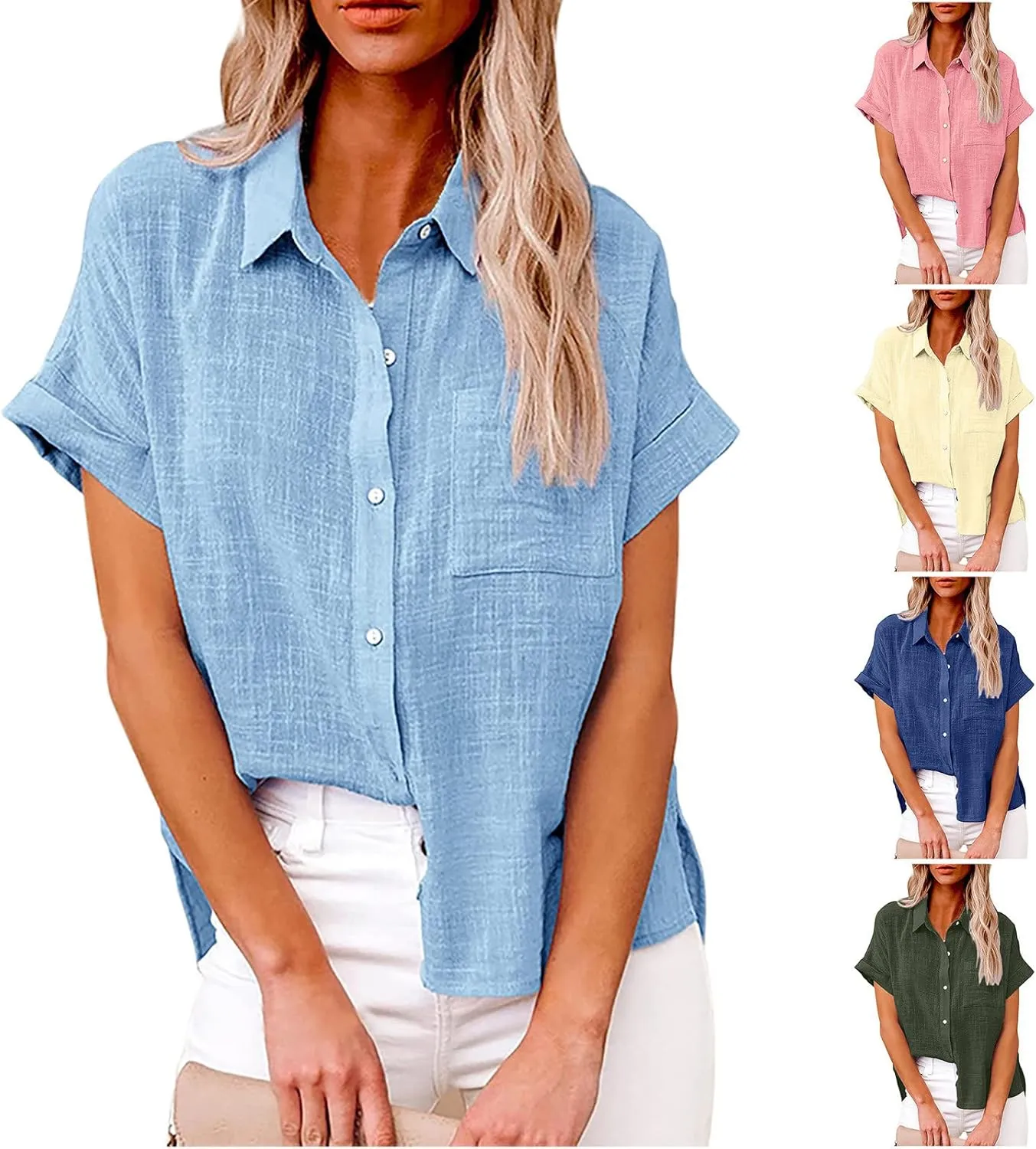 Wkishenl Womens Button Down Shirts Plus Size Cotton Linen Tops Loose Casual V Neck Blouse Summer Trendy T-Shirts with Pockets