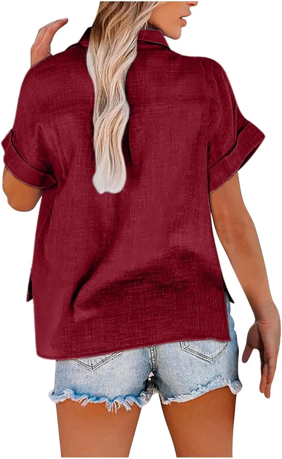 Wkishenl Womens Button Down Shirts Plus Size Cotton Linen Tops Loose Casual V Neck Blouse Summer Trendy T-Shirts with Pockets