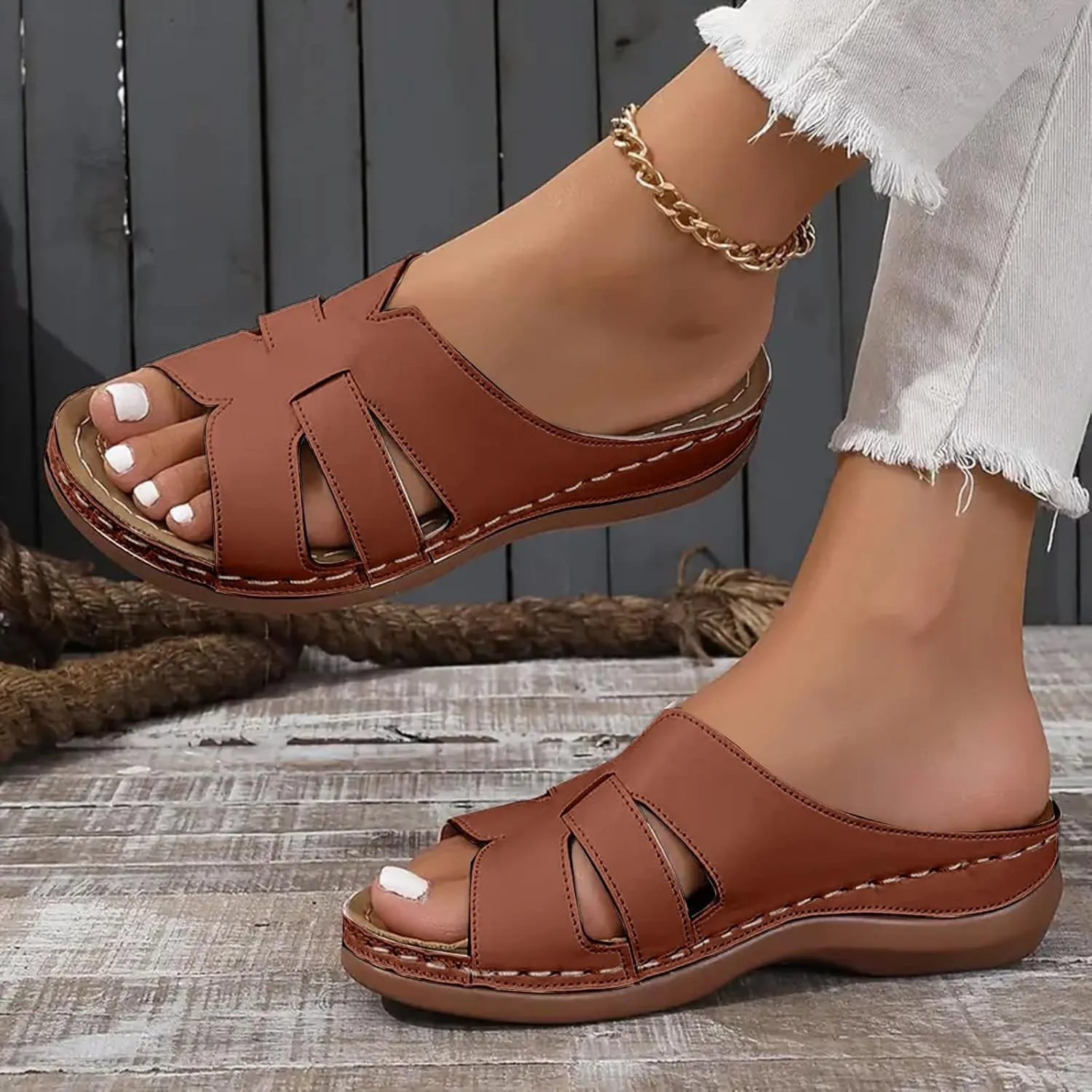 Women Arch Support Slides Orthopedic Wedge Sandals Open Toe Slip On Platform Slippers Summer Casual Beach Orthotic Walking Shoes