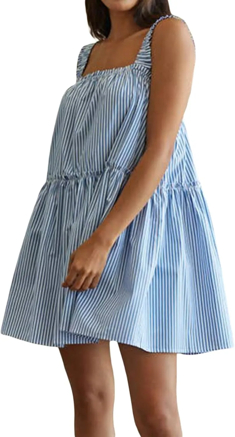 Women Babydoll Flowy Mini Dress Gingham Stripe Square Neck Aline Short Dress Sleeveless Summer Cute Sundress