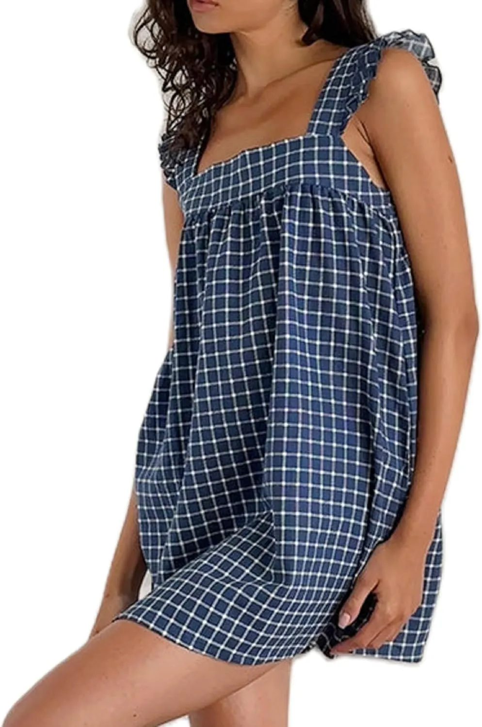 Women Babydoll Flowy Mini Dress Gingham Stripe Square Neck Aline Short Dress Sleeveless Summer Cute Sundress