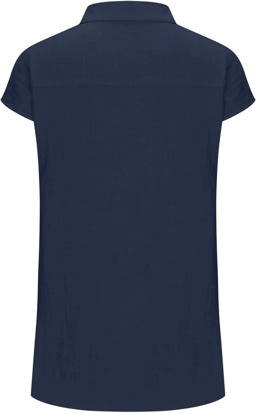 Women Cap Sleeve Button Down Shirts Summer Cotton Work Tees Blouse Lapel Collar Loose Tops Casual Solid T-Shirt
