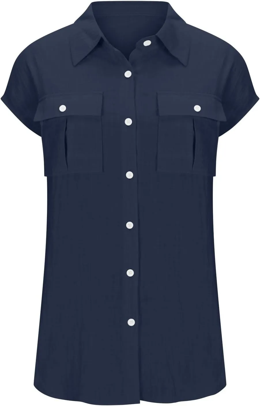 Women Cap Sleeve Button Down Shirts Summer Cotton Work Tees Blouse Lapel Collar Loose Tops Casual Solid T-Shirt