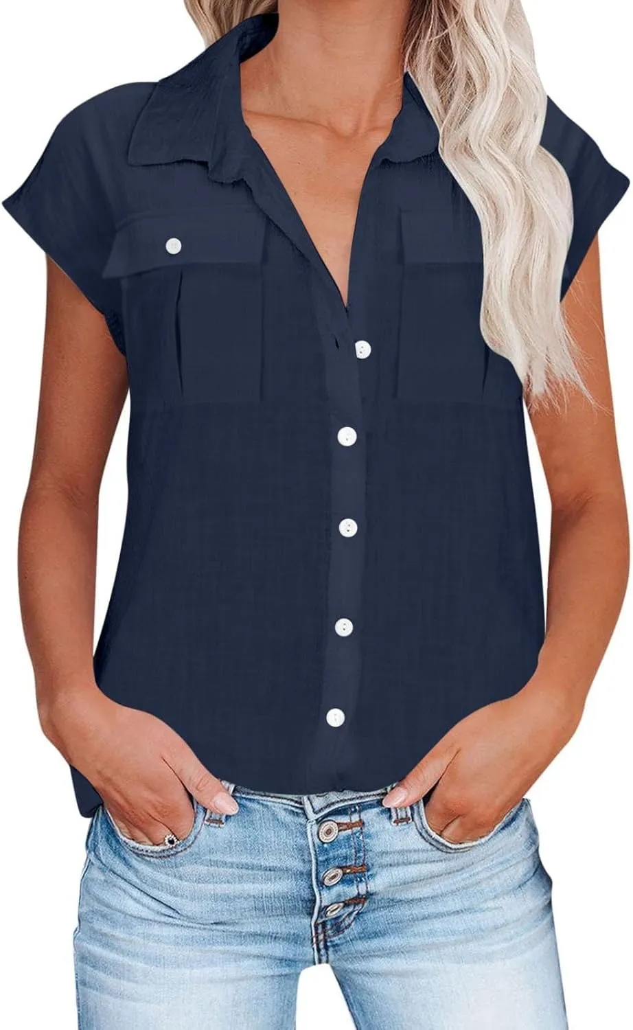 Women Cap Sleeve Button Down Shirts Summer Cotton Work Tees Blouse Lapel Collar Loose Tops Casual Solid T-Shirt