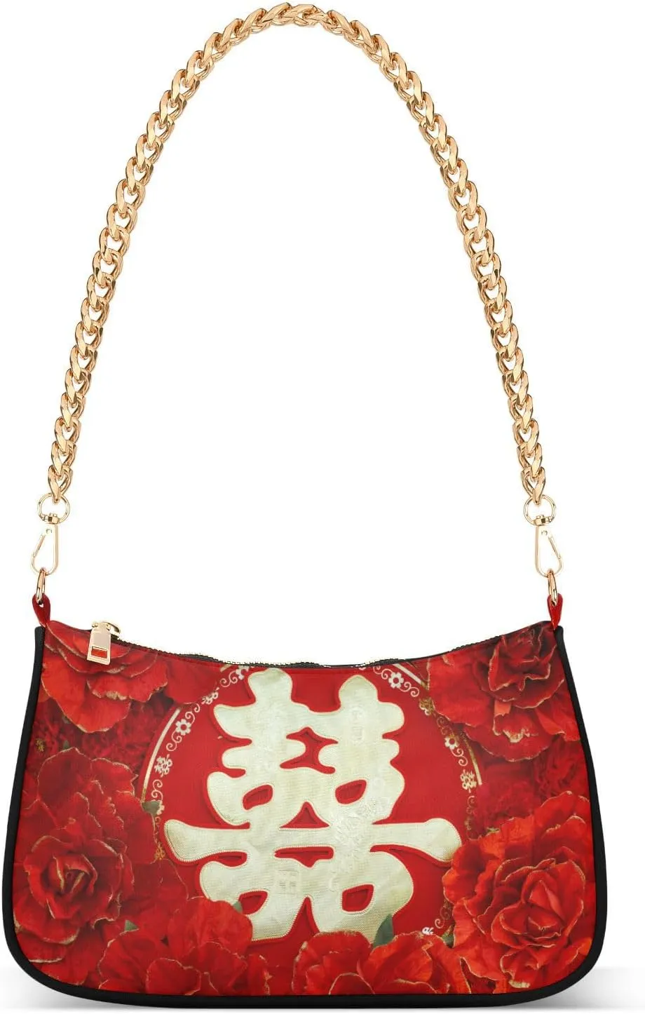 Women Chain Shoulder Purse Bag With Zipper Chinese Wedding Happiness Print, Red Flowers Valentines Hobo Tote Clutch Handbags with Chain Strap