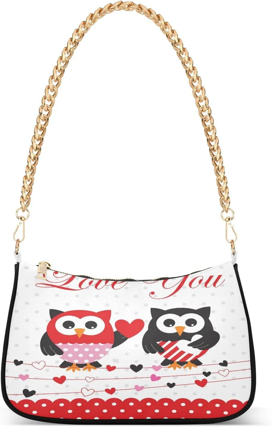 Women Chain Shoulder Purse Bag With Zipper Owl Couples Love Print, Valentine Wedding Hobo Tote Clutch Handbags with Chain Strap
