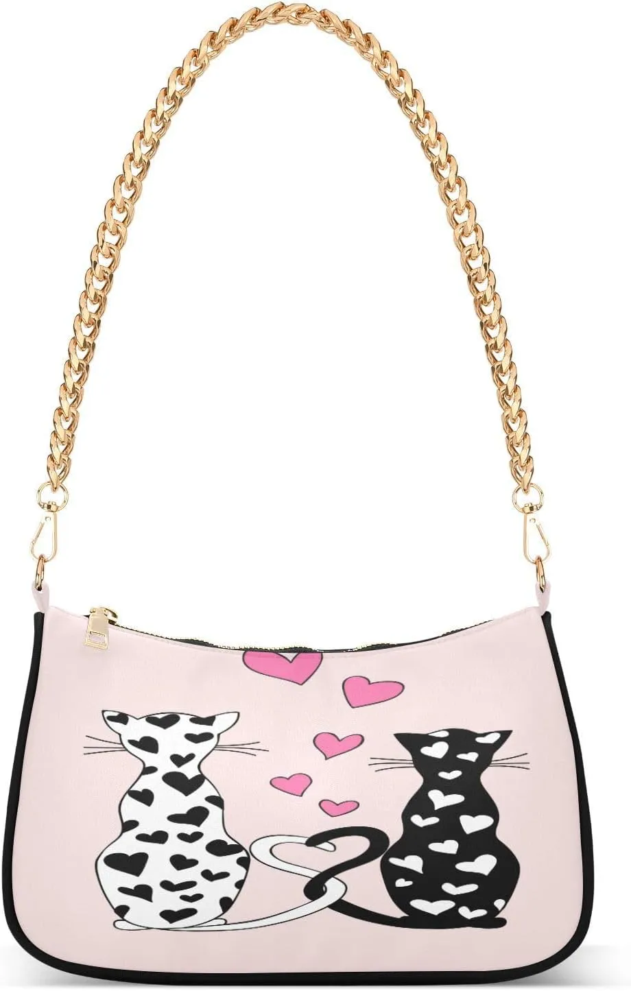 Women Chain Shoulder Purse Bag With Zipper Romantic Couple Cats Print, Valentines Wedding Hobo Tote Clutch Handbags with Chain Strap