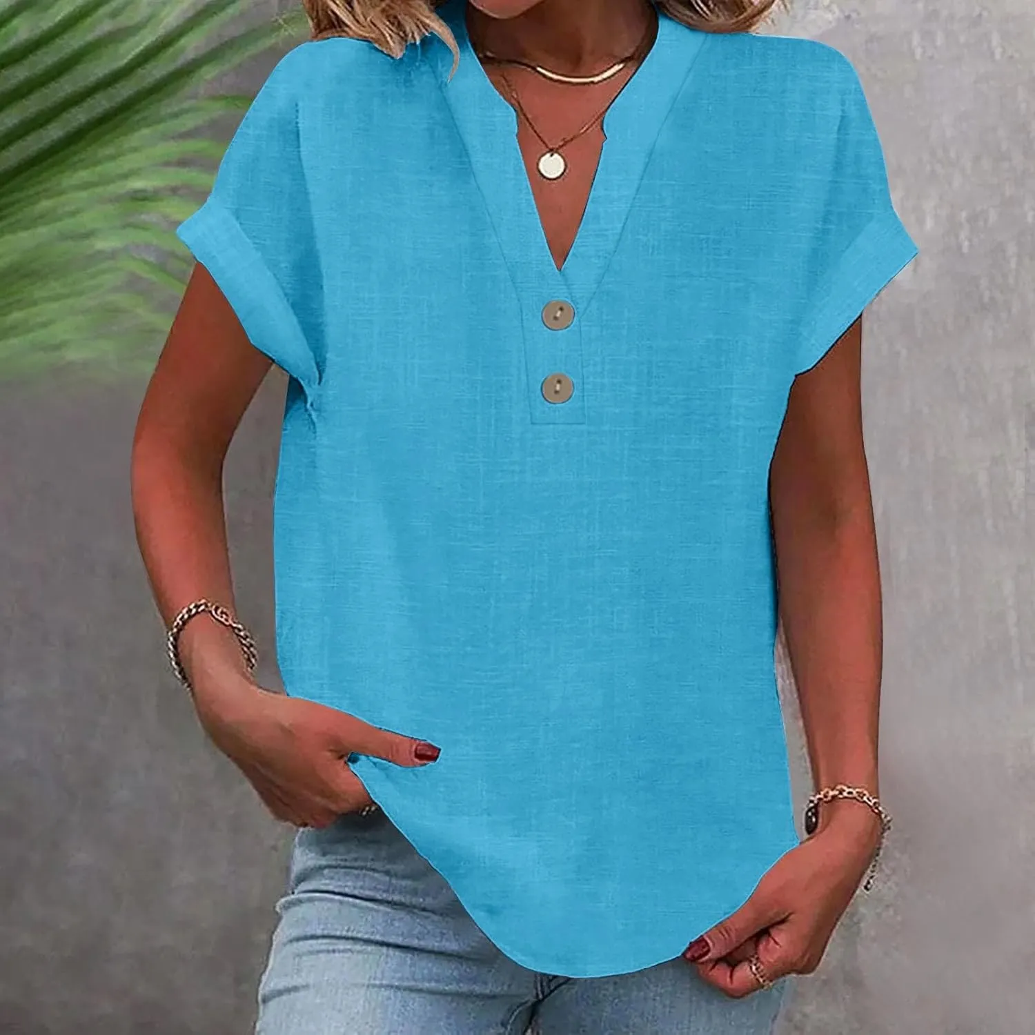 Women Cotton Linen Summer Tops Short Sleeve Loose Fit Blouses V Neck Dressy Casual Tunic Boho Resort Wear Clothing