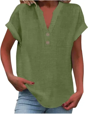 Women Cotton Linen Summer Tops Short Sleeve Loose Fit Blouses V Neck Dressy Casual Tunic Boho Resort Wear Clothing