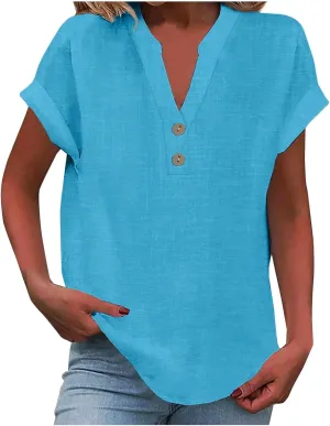 Women Cotton Linen Summer Tops Short Sleeve Loose Fit Blouses V Neck Dressy Casual Tunic Boho Resort Wear Clothing