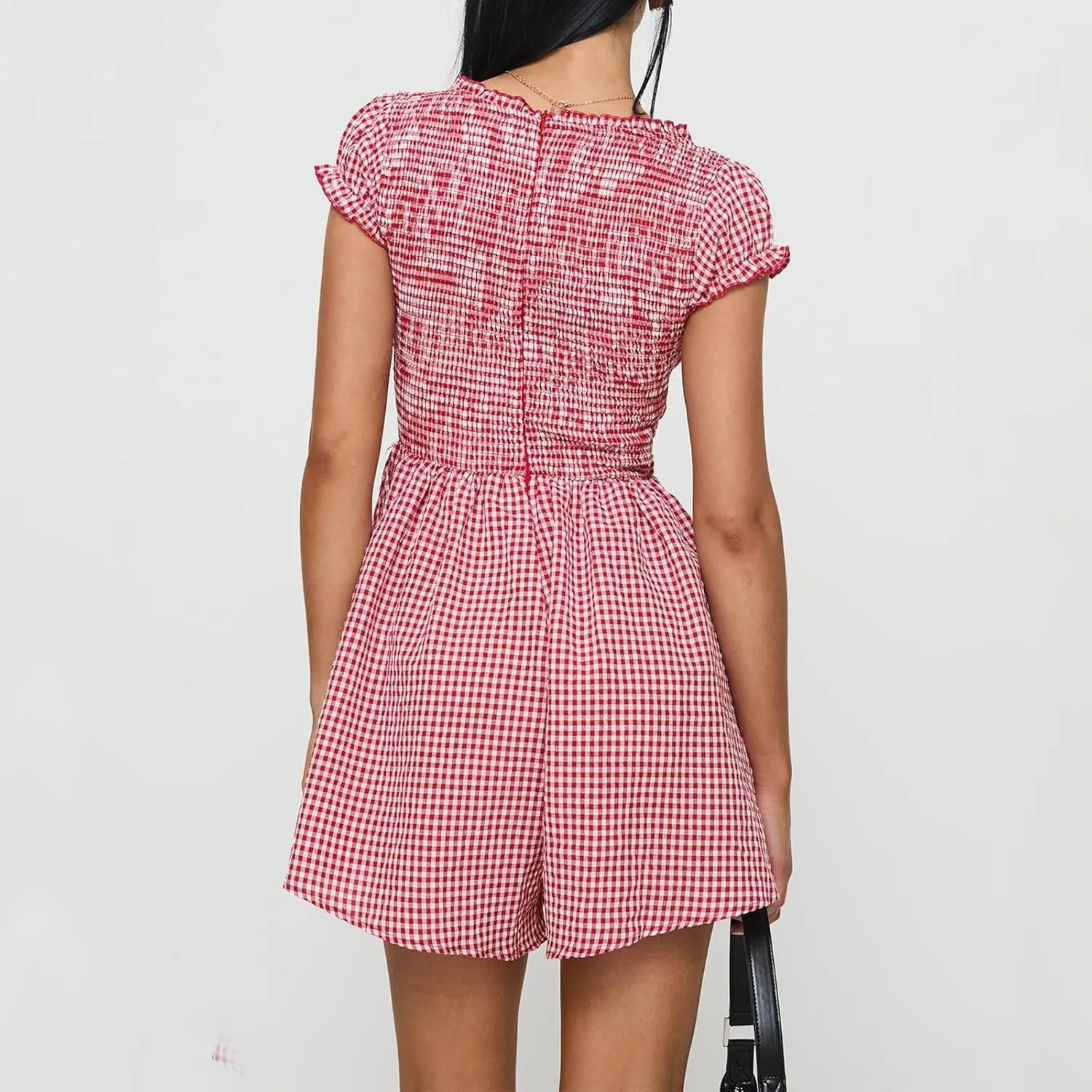 Women Gingham Plaid Smocked Mini Dress Summer V Neck Tie Shoulder Babydoll Short Dress Y2k Ruffle Flowy Sundress