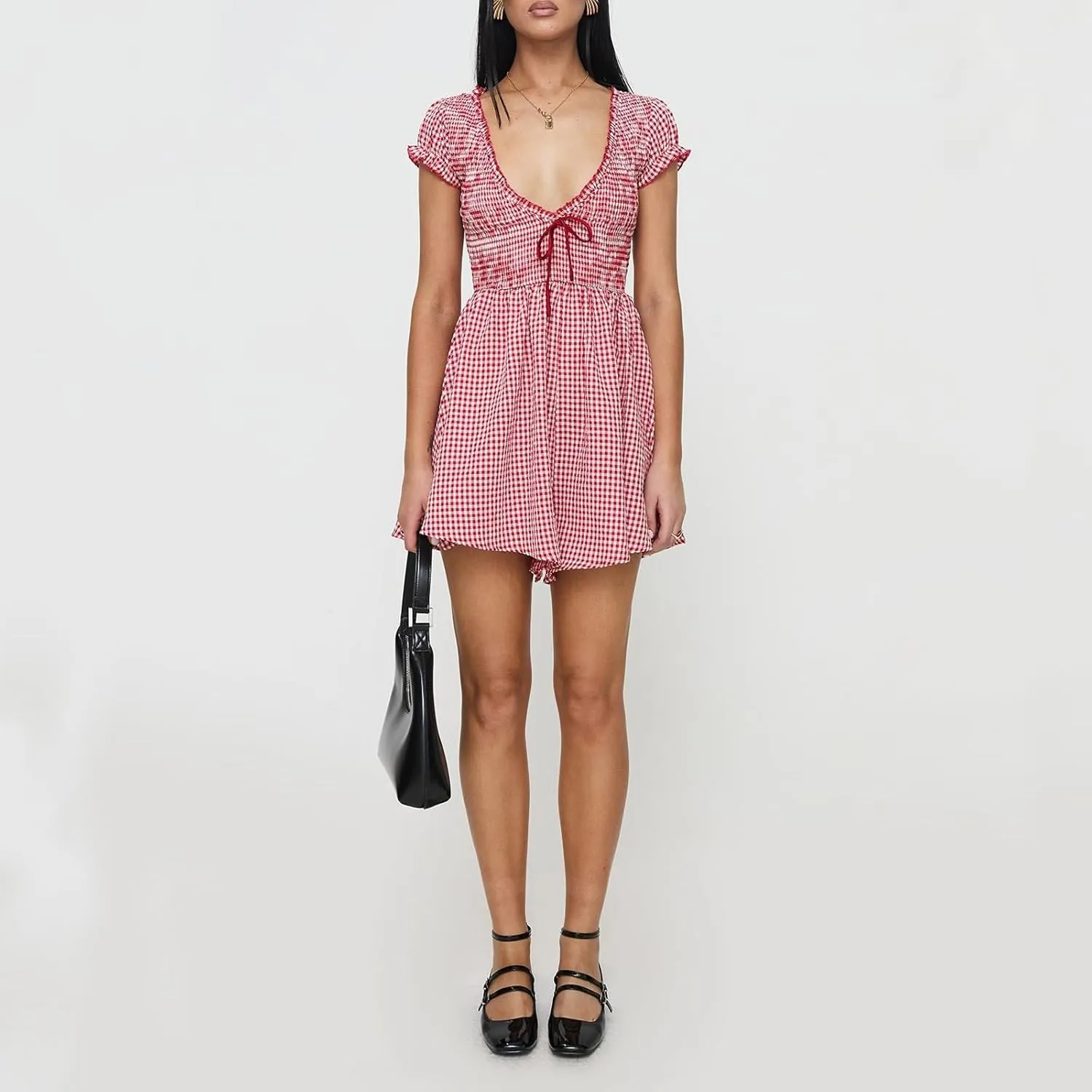 Women Gingham Plaid Smocked Mini Dress Summer V Neck Tie Shoulder Babydoll Short Dress Y2k Ruffle Flowy Sundress