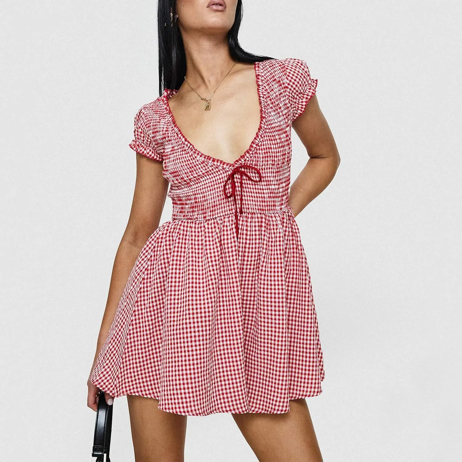 Women Gingham Plaid Smocked Mini Dress Summer V Neck Tie Shoulder Babydoll Short Dress Y2k Ruffle Flowy Sundress
