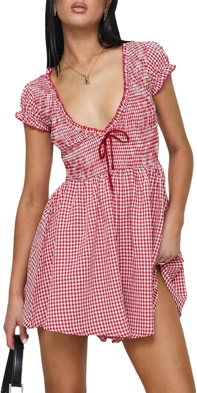 Women Gingham Plaid Smocked Mini Dress Summer V Neck Tie Shoulder Babydoll Short Dress Y2k Ruffle Flowy Sundress