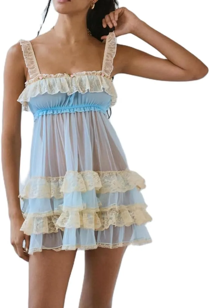 Women Hollow Out Babydoll Mini Dress Sleeveless Aline Vacation Beach Boho Sundress Going Out Y2k Ruffle Dress
