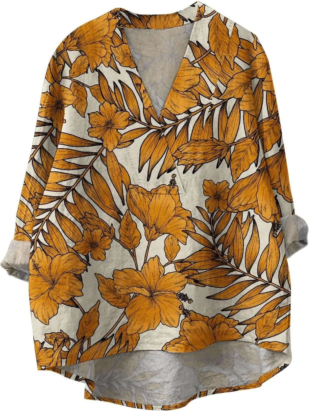 Women Oversized Cotton Linen Shirt Casual Floral Graphic V Neck Blouse Trendy Long Sleeve Tunics Summer Loose Tops