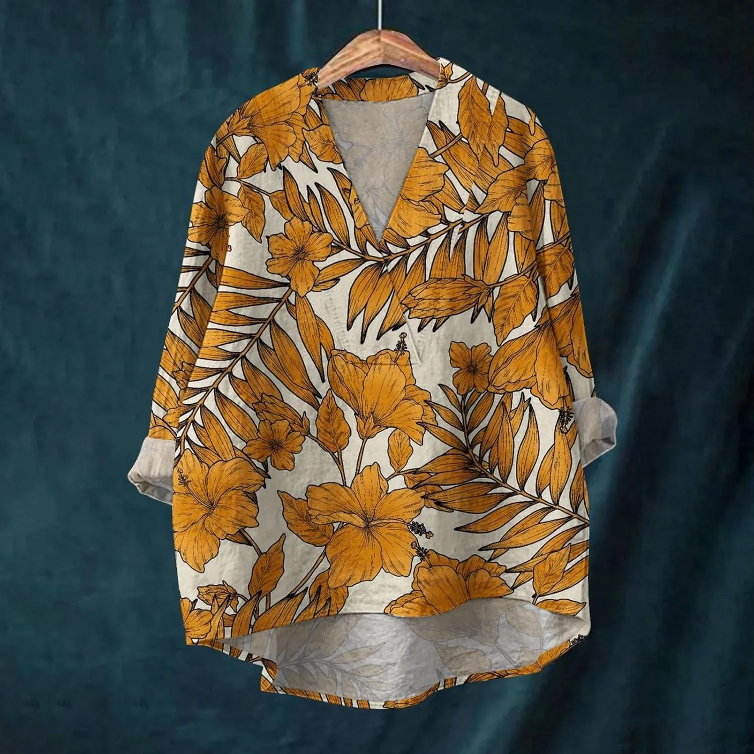 Women Oversized Cotton Linen Shirt Casual Floral Graphic V Neck Blouse Trendy Long Sleeve Tunics Summer Loose Tops