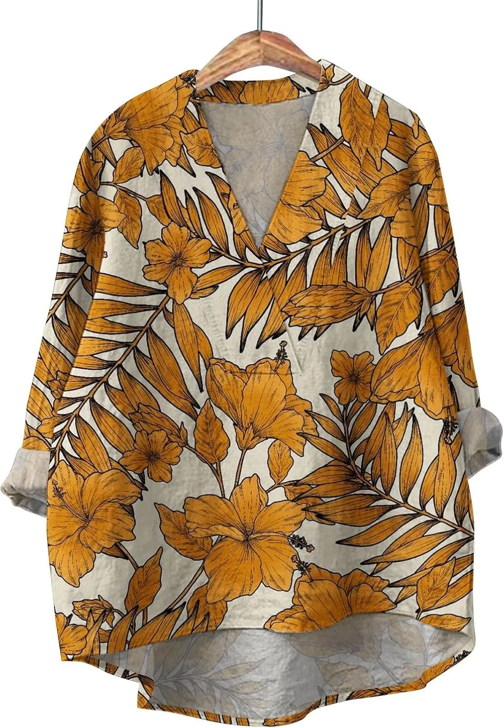 Women Oversized Cotton Linen Shirt Casual Floral Graphic V Neck Blouse Trendy Long Sleeve Tunics Summer Loose Tops