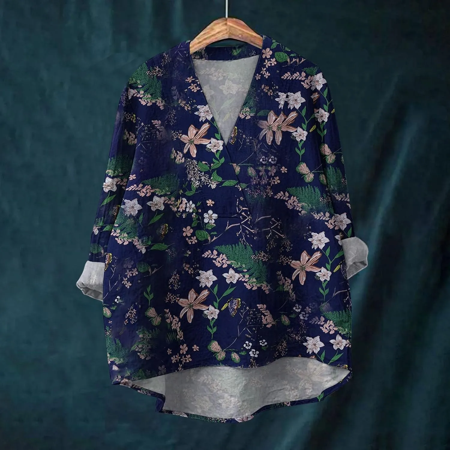 Women Oversized Cotton Linen Shirt Casual Floral Graphic V Neck Blouse Trendy Long Sleeve Tunics Summer Loose Tops