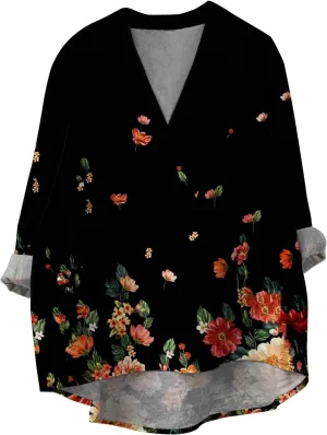 Women Oversized Cotton Linen Shirt Casual Floral Graphic V Neck Blouse Trendy Long Sleeve Tunics Summer Loose Tops