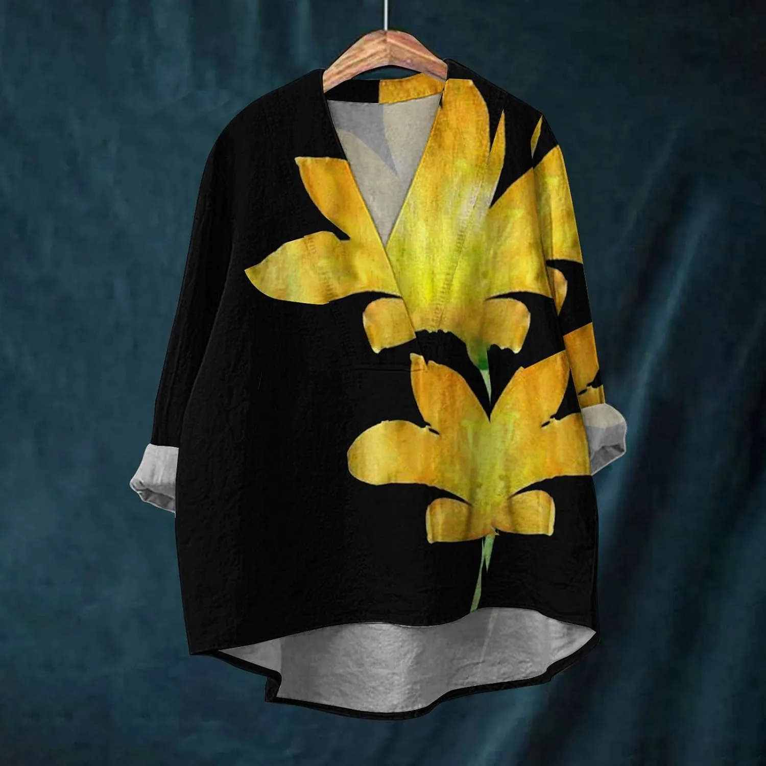 Women Oversized Cotton Linen Shirt Casual Floral Graphic V Neck Blouse Trendy Long Sleeve Tunics Summer Loose Tops