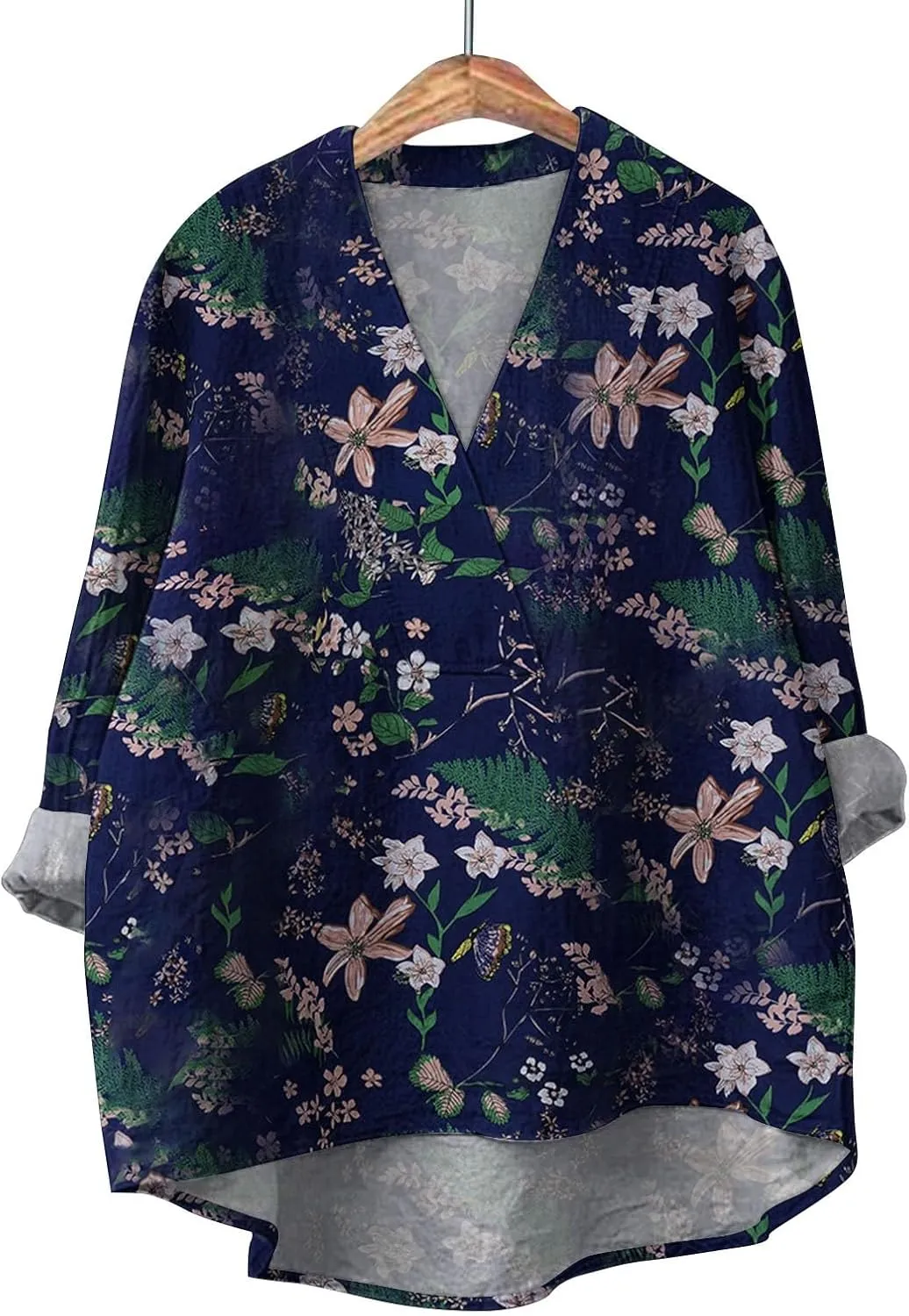 Women Oversized Cotton Linen Shirt Casual Floral Graphic V Neck Blouse Trendy Long Sleeve Tunics Summer Loose Tops
