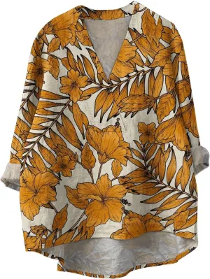 Women Oversized Cotton Linen Shirt Casual Floral Graphic V Neck Blouse Trendy Long Sleeve Tunics Summer Loose Tops