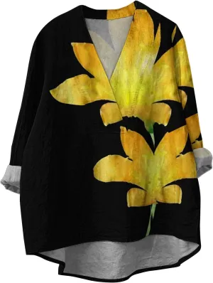 Women Oversized Cotton Linen Shirt Casual Floral Graphic V Neck Blouse Trendy Long Sleeve Tunics Summer Loose Tops