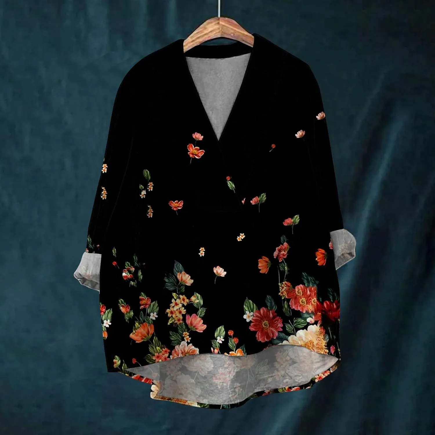 Women Oversized Cotton Linen Shirt Casual Floral Graphic V Neck Blouse Trendy Long Sleeve Tunics Summer Loose Tops