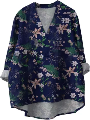 Women Oversized Cotton Linen Shirt Casual Floral Graphic V Neck Blouse Trendy Long Sleeve Tunics Summer Loose Tops