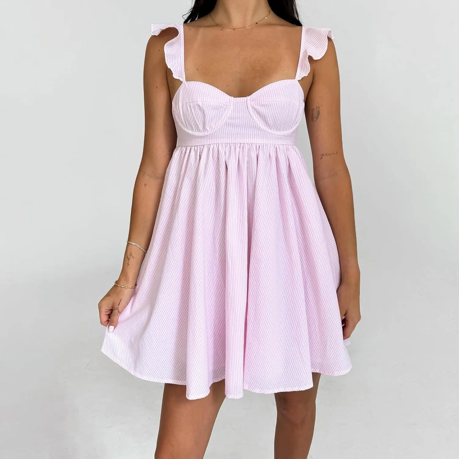 Women Ruffle Mini Dress Sleeveless Floral Strap Y2k Babydoll Flowy Short Dress Going Out Boho Vacation Sundress
