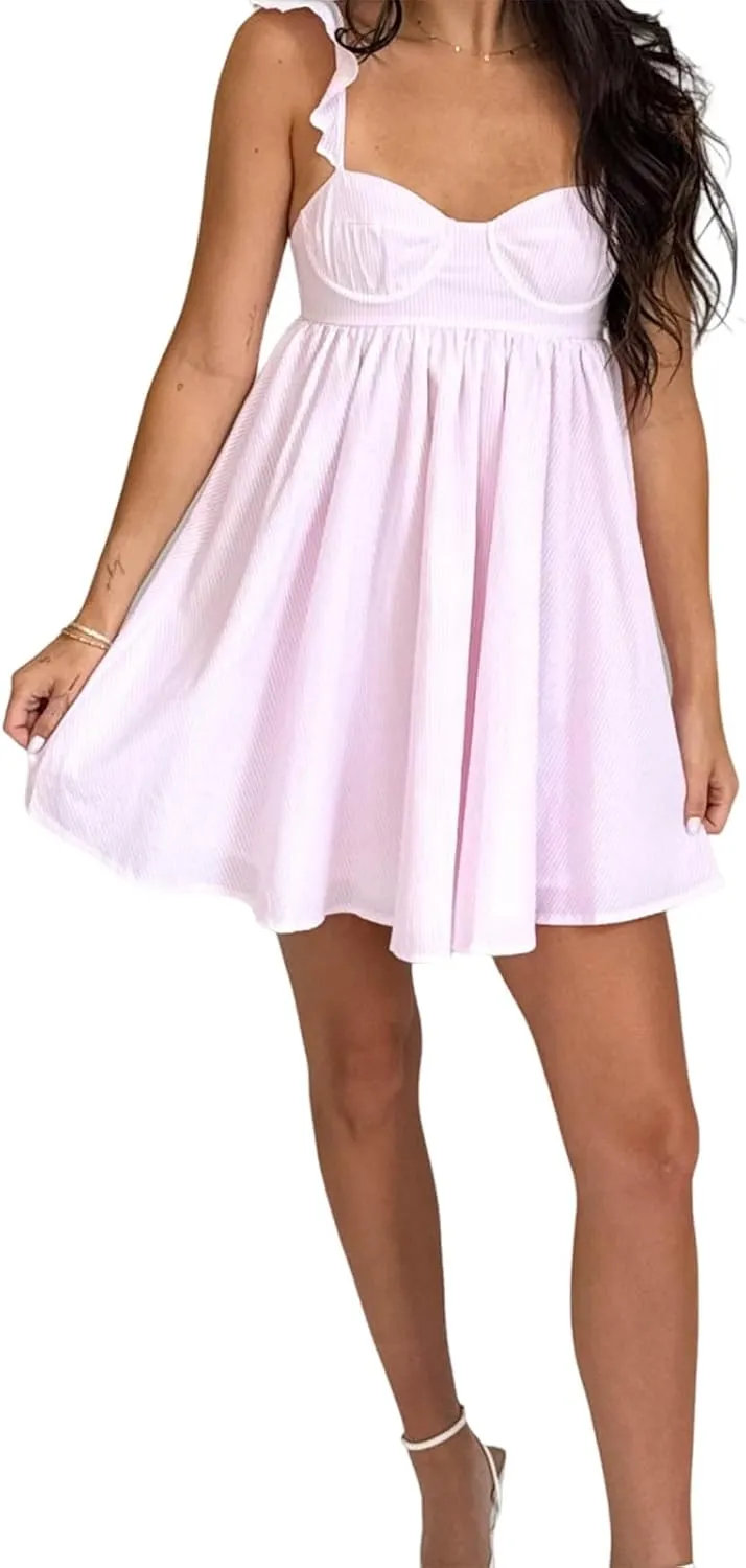 Women Ruffle Mini Dress Sleeveless Floral Strap Y2k Babydoll Flowy Short Dress Going Out Boho Vacation Sundress