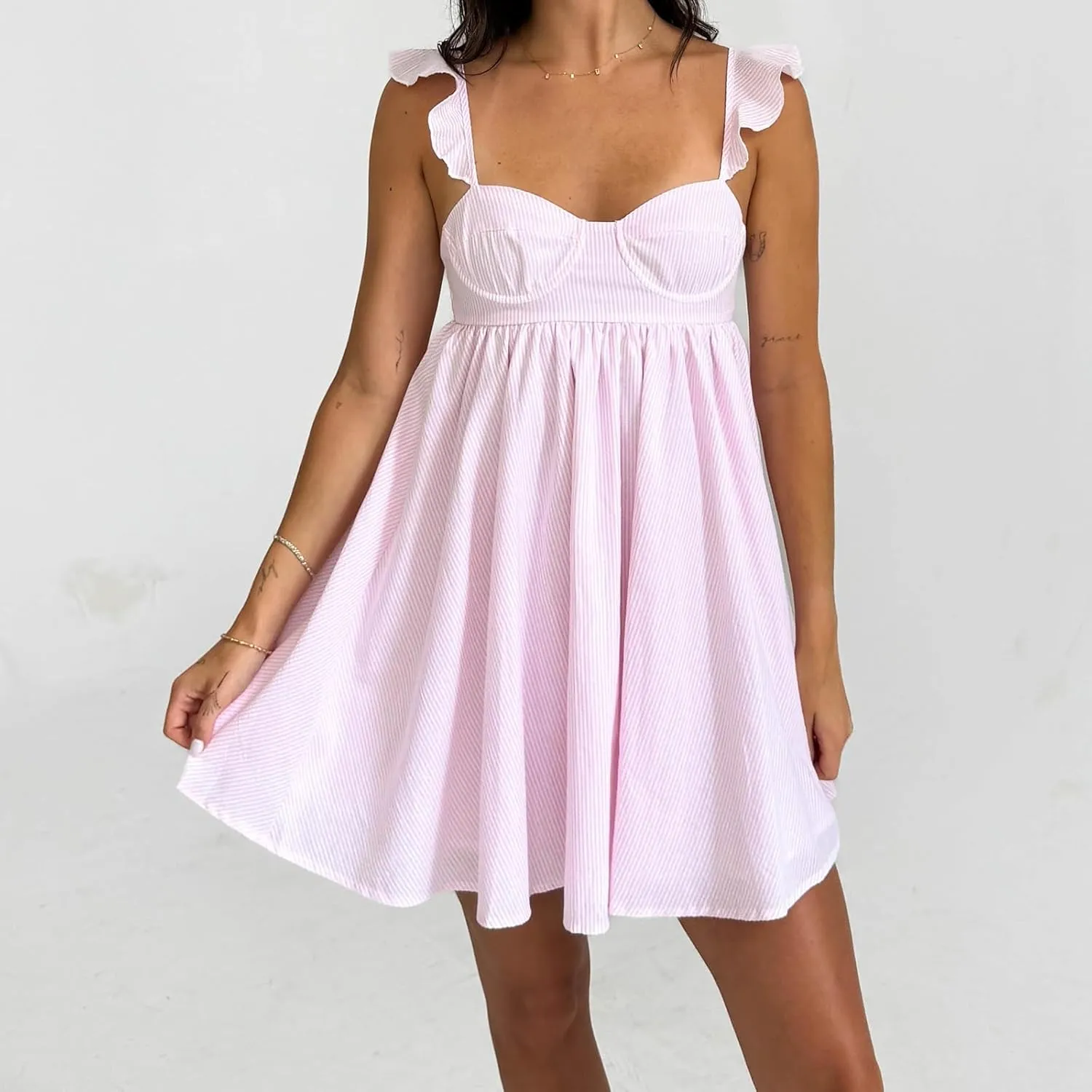 Women Ruffle Mini Dress Sleeveless Floral Strap Y2k Babydoll Flowy Short Dress Going Out Boho Vacation Sundress