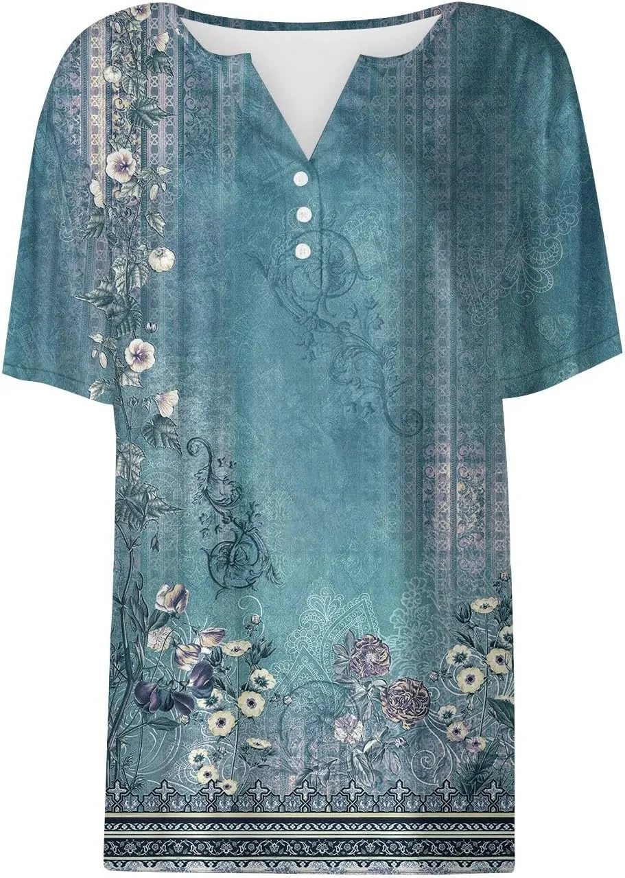 Women Short Sleeve Tops 2024 Summer Casual Pullover Fashion Blouse Tees Button V Neck Printed T Shirt Plus Size