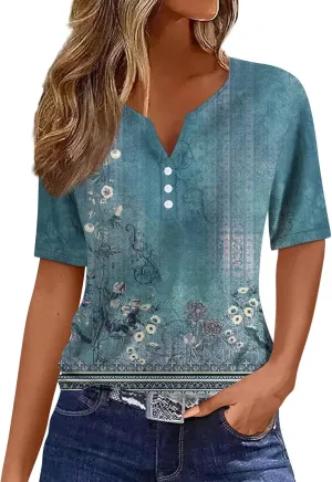 Women Short Sleeve Tops 2024 Summer Casual Pullover Fashion Blouse Tees Button V Neck Printed T Shirt Plus Size