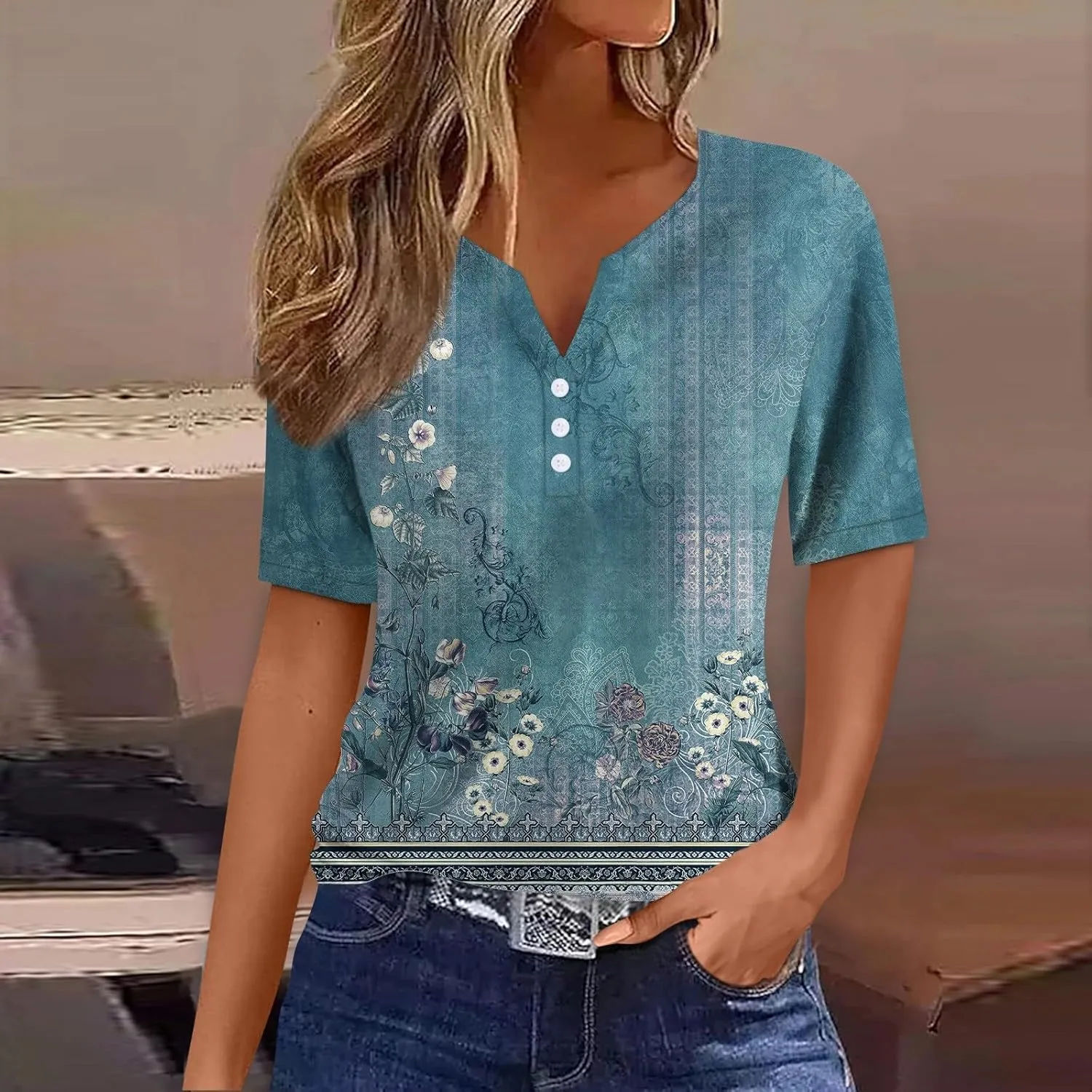 Women Short Sleeve Tops 2024 Summer Casual Pullover Fashion Blouse Tees Button V Neck Printed T Shirt Plus Size