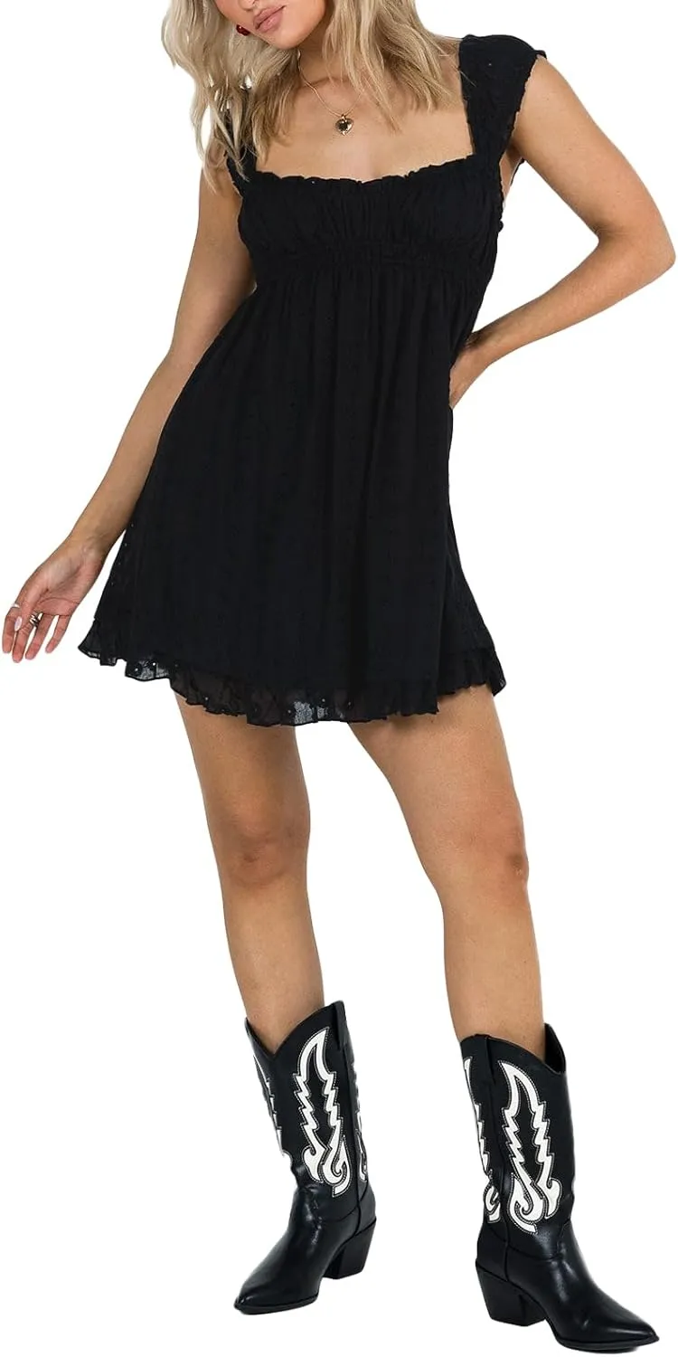 Women Sleeveless Babydoll Short Dress Lace Floral Embroidery Ruffle Mini Dress Flowy Swing Graduation Party Dress