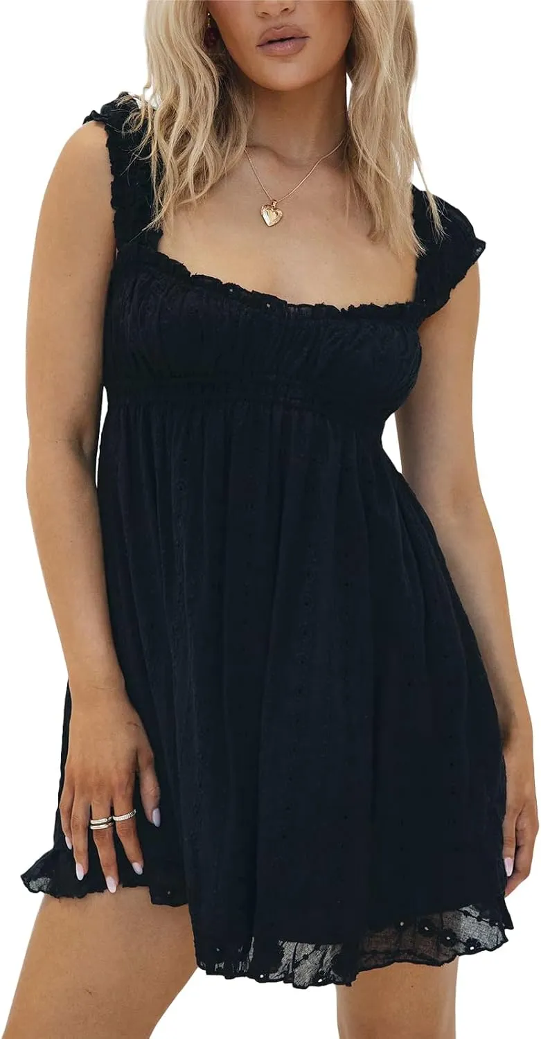 Women Sleeveless Babydoll Short Dress Lace Floral Embroidery Ruffle Mini Dress Flowy Swing Graduation Party Dress