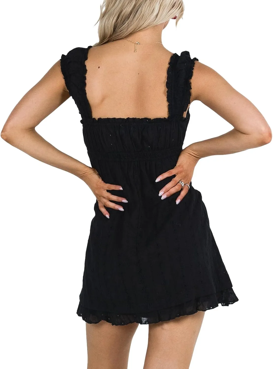 Women Sleeveless Babydoll Short Dress Lace Floral Embroidery Ruffle Mini Dress Flowy Swing Graduation Party Dress