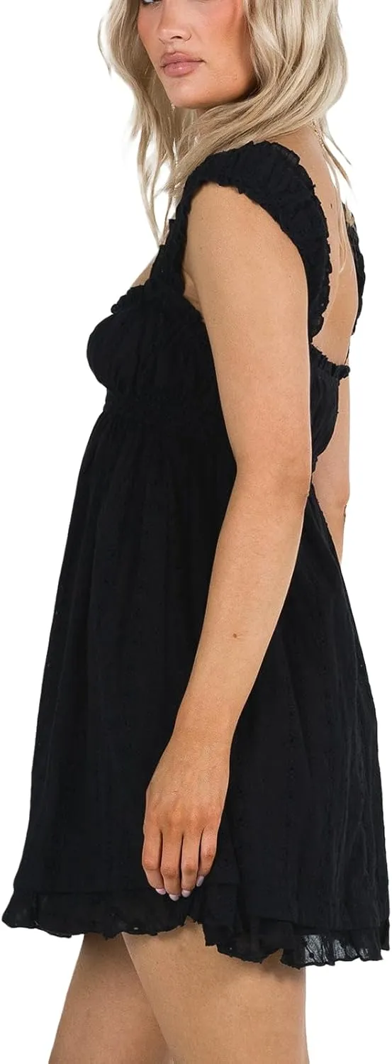 Women Sleeveless Babydoll Short Dress Lace Floral Embroidery Ruffle Mini Dress Flowy Swing Graduation Party Dress