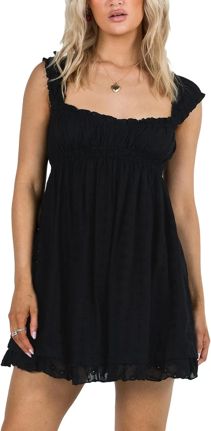 Women Sleeveless Babydoll Short Dress Lace Floral Embroidery Ruffle Mini Dress Flowy Swing Graduation Party Dress
