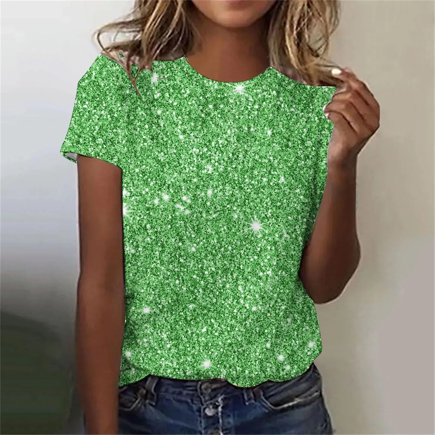 Women Sparkly Graphic Print Tops Tie Dye Tee Shirt Loose Short Sleeve Crewneck Tshirt Basic Casual Color Block Blouse