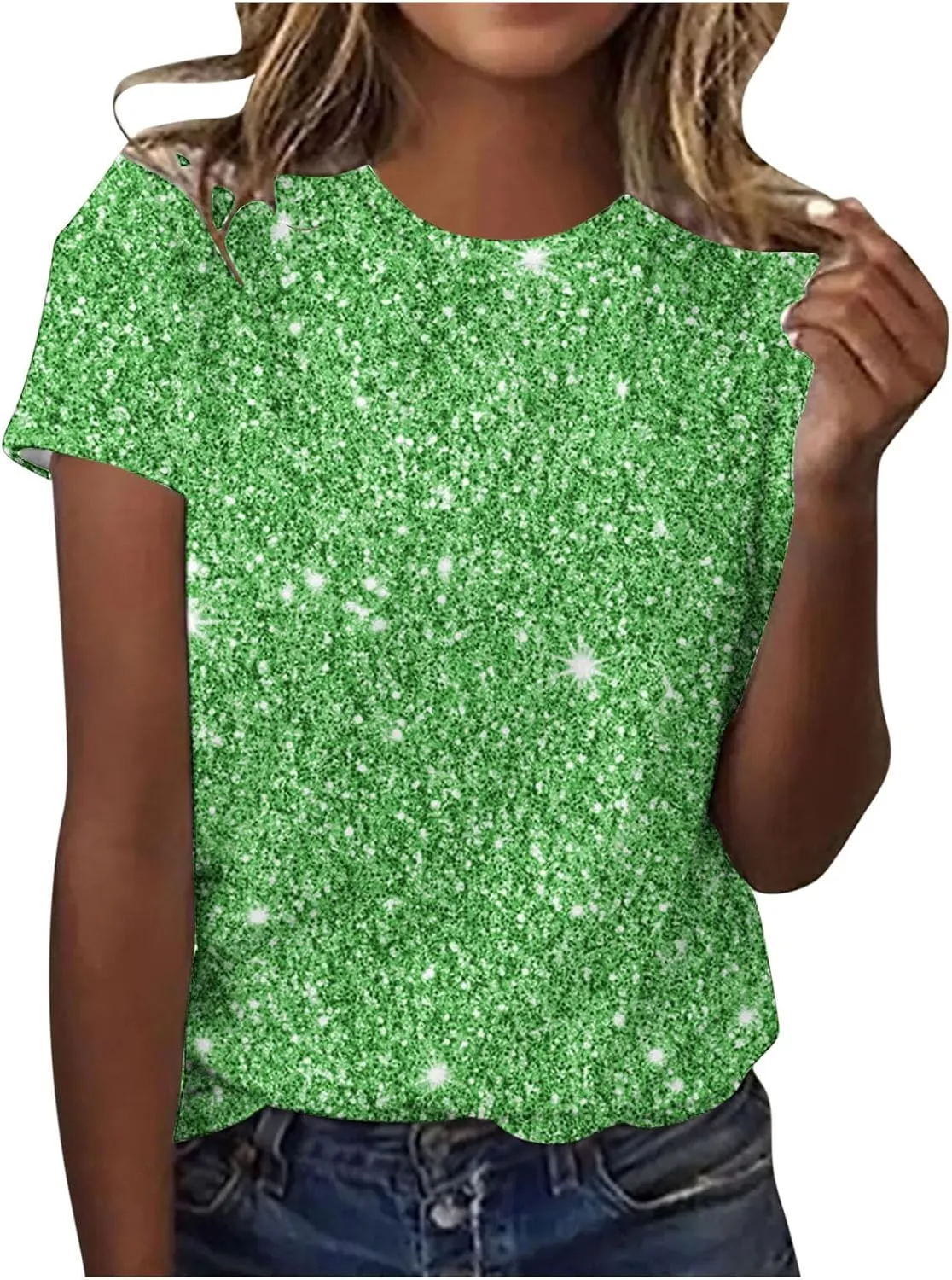 Women Sparkly Graphic Print Tops Tie Dye Tee Shirt Loose Short Sleeve Crewneck Tshirt Basic Casual Color Block Blouse