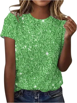 Women Sparkly Graphic Print Tops Tie Dye Tee Shirt Loose Short Sleeve Crewneck Tshirt Basic Casual Color Block Blouse