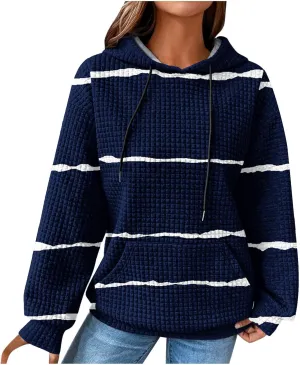 Women Striped Oversized Hoodies Long Sleeve Color Block Sweatshirt Drawstring Pullover Waffle Knit Tops Fall Outfits